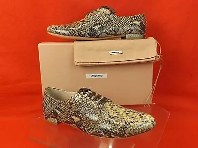 NIB MIU MIU 5E7676 GRAY PYTHON PRINTED PATENT LEATHER LACE UP FLAT OXFORDS 41.5 - Image 1 of 4