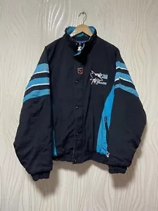 SAN HOSE SHARKS HOCKEY PUFFER JACKET STARTER sz L MEN BLACK VINTAGE - Picture 1 of 18