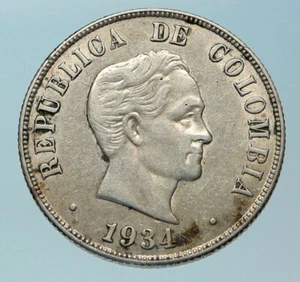 1934 COLUMBIA Simon Bolivar Eagle Shield Genuine Silver 50 Centavos Coin i83885 - Picture 1 of 3