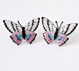 1970's THOUSAND FLOWERS Sterling Silver Enamel BUTTERFLY Multicolored Earrings - Picture 1 of 10