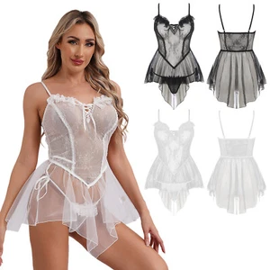 Womens Sleepwear Long Nightwear Sexy Dress With Thong Club Wear Adult Cupless - Picture 1 of 40