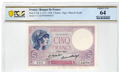 France 1928 5 Francs PCGS Certified Banknote UNC 64 Pick 72d - Image 1 of 2