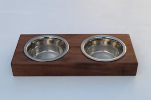 Small, Homemade Solid Walnut Dog Bowl Stand (includes bowls, slight seconds) - Picture 1 of 4