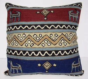 Kashmir Pillow Cushion Cover Wool 16" Crewel Ari Chain Stitch India Geometric    - Picture 1 of 11