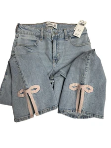 Abercrombie Kids Girls Jeans Size 13/14 High Rise Wide Leg Blue Denim Pink Bow - Picture 1 of 7