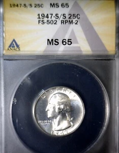 1947s /s ERROR ANACS MS65 RPM #2 Silver Washington Quarter GEM BU Coin FS #502 - Picture 1 of 6