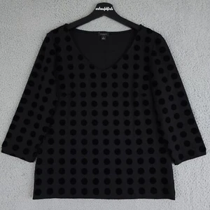 Ann Taylor Shirt Women Medium Black Velvet Polka Dot Notched 3/4 Sleeve Knit Top - Picture 1 of 10