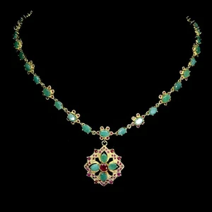 925 Sterling Silver Necklace Oval Emerald 6x4mm Ruby Flower Gemstone Jewelry 18 - Picture 1 of 13
