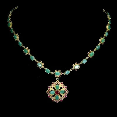 925 Sterling Silver Necklace Oval Emerald 6x4mm Ruby Flower Gemstone Jewelry 18 - Image 1 of 4
