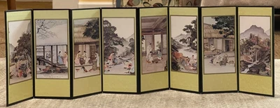  Vintage Chinese Asian Table Top Folding Reversible Screen 8 Panel The Seasons - Image 1 of 4