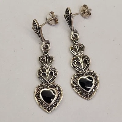 Pendientes perforados colgantes corazón marcasitas plata de ley ónix negro 1,5" Foto 1 de 4