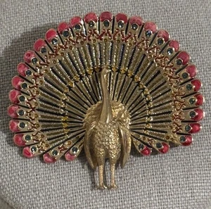 Vintage Pfau Brosche rote Emaille & grüne Strasssteine signiert KG -Messing - Bild 1 von 9