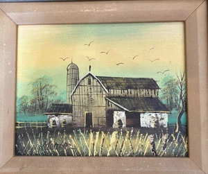 Vintage Scheunenlandschaft Ölgemälde gerahmt auf Leinwand  - Bild 1 von 15