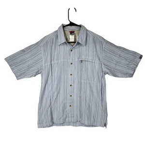 North Face M Mens Short Sleeve Button Up Shirt Striped Blue Performance Fishing - Picture 1 of 11