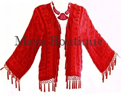Red Silk Flapper Style Jacket Short Kimono Beaded Burnout Velvet Maya Matazaro - Image 1 of 2