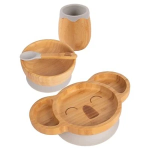 4pc Tiny Dining Grey Koala Bamboo Baby Feeding Set Weaning Plate Bowl Spoon - Picture 1 of 7