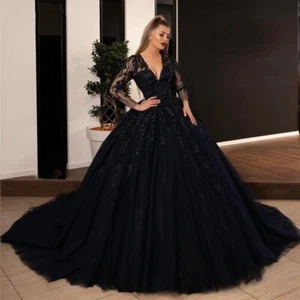 Black Ball Wedding Dresses Lace Applique Sequin Bride Gown Long Sleeve Plus Size - Picture 1 of 6
