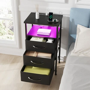 LED Bedside Table Nightstand with Charging Station 3 Drawers End Side Storage US - Picture 1 of 11