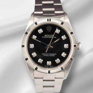 Rolex 34mm Oyster Perpetual Black Diamond Dial Engine Turned Steel Watch 14000 - Picture 1 of 11