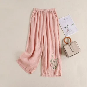 Women's cotton and linen embroidered wide leg pants loose high waisted pants - Picture 1 of 9
