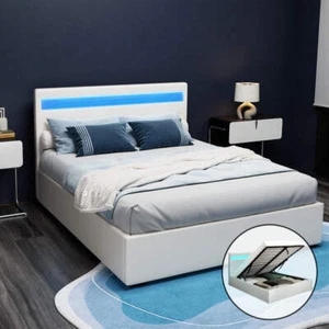 Artiss Bed Frame Double Size Gas Lift RGB LED White Cole - Picture 1 of 8
