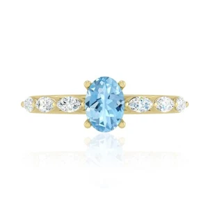 Aquamarine &Diamond Solitaire Women Ring Solid 14K Gold March Birthstone #1021 - Picture 1 of 19
