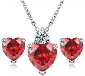 Dazzling Sparkling Teen Zirconia Heart Shaped Stud Earrings And Necklace Set Red - Picture 1 of 2