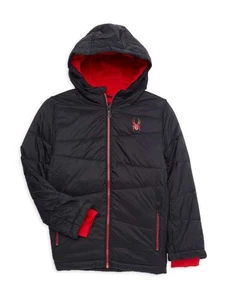 SPYDER BOY'S NEXUS LOGO HOODED PUFFER JACKET - SIZE: YOUTH L - BLACK/RED - Picture 1 of 2