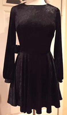 Vestido Bebe Terciopelo Acampanado Cóctel Noche Sobre la Rodilla Mini Negro S Nuevo con Etiquetas $129 Foto 1 de 4
