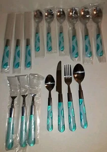 Avon Spring Dots Silverware Set Of 16 - Service For 4 Teal Stainless Steel - NOS - Picture 1 of 6