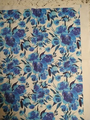 Blue Roses Boho Floral Cotton Quilting Fabric Remnants 15x42 Tail Custom Printed - Image 1 of 4