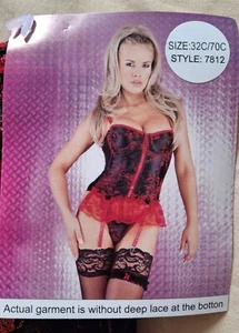 Oriental fabric red and black lingerie set, suspenders 32C/70C - Picture 1 of 8