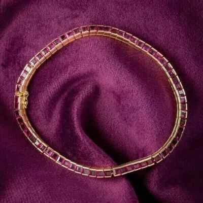 9Ct Princess Lab Created Red Ruby Women's Tennis Bracelet 14k Yellow Gold Plated - Image 1 of 4