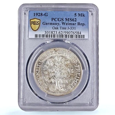 Germany Weimar 5 mark Oak Tree J-331 KM-56 MS 62 PCGS silver coin 1928 J - Image 1 of 4