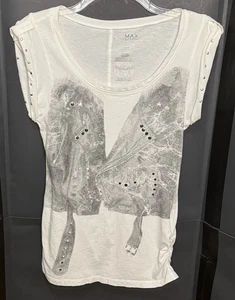 Miley Cyrus Max Azria Shirt White T-shirt Jr's Sz L Faux Vest Graphic Western - Picture 1 of 4