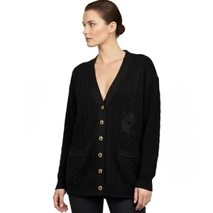 Cárdigan Suéter ESCADA Vintage Lana Tejido con Cable Corazón Cresta Parche Talla 40 EE. UU. 10 - Imagen 1 de 13