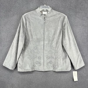 Alfred Dunner Jacket Womens 20 Grey Zip Front Embroidered Floral Suede-Look - Picture 1 of 18