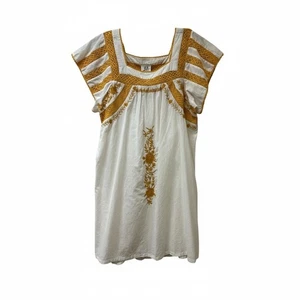 dRA Los Angeles Embroidered White Gold Cotton Square Neck Mini Dress S - Picture 1 of 11