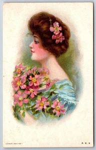 Maud Humphrey Bogart~Brunette Lady Profile~Pink Dog Roses In Hair~Textured~c1910 - Picture 1 of 2