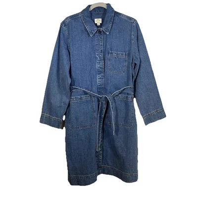 J.CREW Utility Pocket Jacket Coat Dress L/S Blue Denim EUC Sz Large Tie Belt — 第 1/4 张图片
