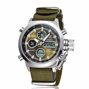 Men Military Army Green Analog Digital Quartz Nylon Canvas Wrist Watch Sport - Picture 1 of 8