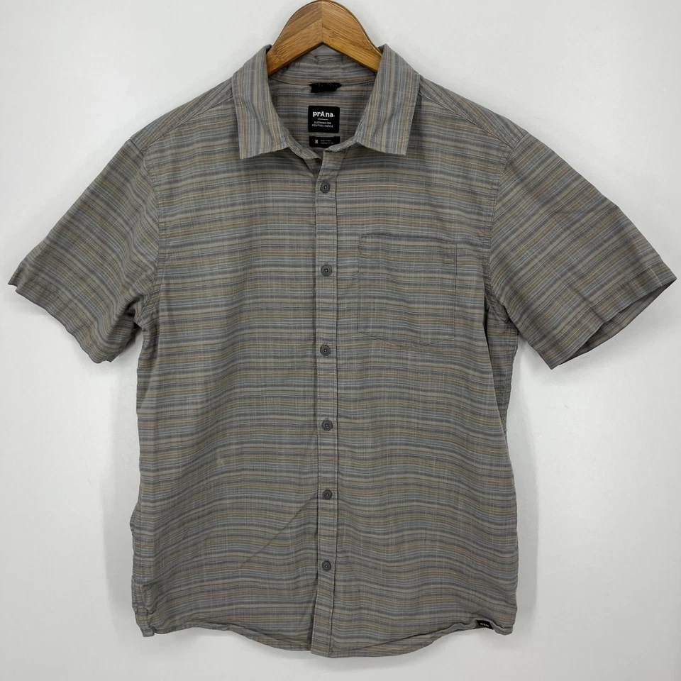 prAna Short Sleeve Button Shirt Men's M Multicolor Striped Pocket Logo Organic - Image 1 of 4