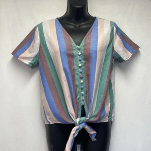 Madewell Novel Corbata Frontal Cuello en V Cubierta Botón Top Flagstaff Rayas Mujeres Pequeño - Imagen 1 de 11