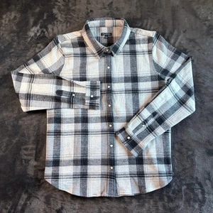 Flag & Anthem Womens XL Plaid Flannel Shirt Long Sleeve Gray Black White - Picture 1 of 7