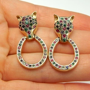 14K Gold FOX Earrings Ruby Emerald Sapphire Earrings w. Report - Picture 1 of 9