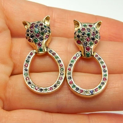 14K Gold FOX Earrings Ruby Emerald Sapphire Earrings w. Report - Image 1 of 4