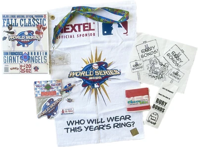 MLB 2002 WORLD SERIES PROGRAM, “I WAS THERE” PIN, EMBLEM,TOWEL, CHEERSTICK &MORE - Image 1 of 4