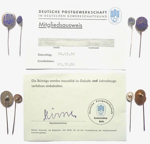 DPG Deutsche Postgewerkschaft, Mitgliedsausweis und Anstecknadel x 4 Stück - Picture 1 of 10