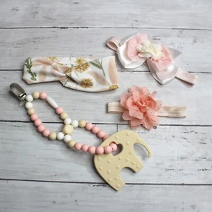 Baby Girl's Elephant Beaded Silicone Teether Clip Headband Lot Pink White - Picture 1 of 8