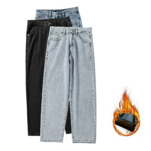 Mens Fleece Lined Denim Pants Distressed Straight Legs Trousers Bottoms Classic - Picture 1 of 15